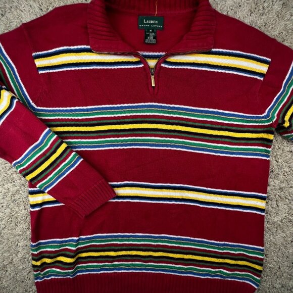 Lauren Ralph Lauren Sweater Striped Colorful Medium Cotton Oversized 1/4 Zip - Picture 1 of 13